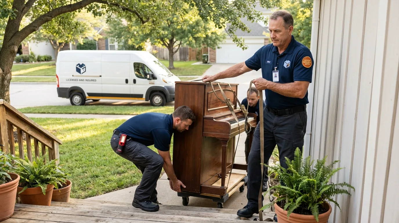 Licensed piano movers securing grand piano in Easton, CT