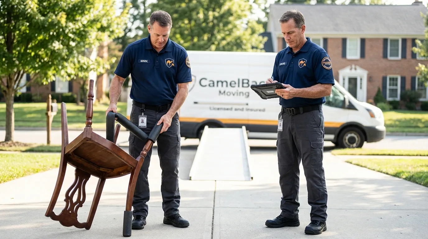 Movers inspecting furniture for damage prevention before loading in Easton, CT