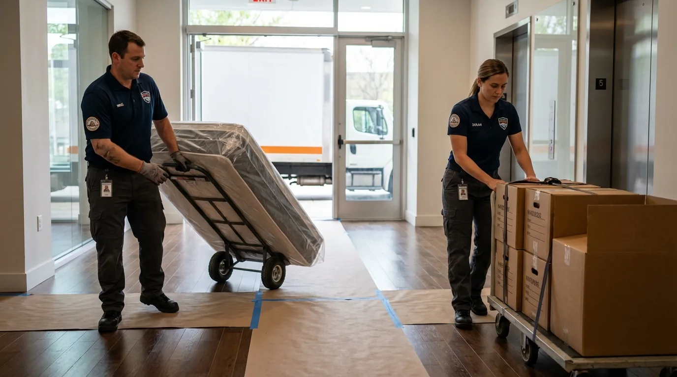 Professional apartment movers loading elevator in Easton, CT