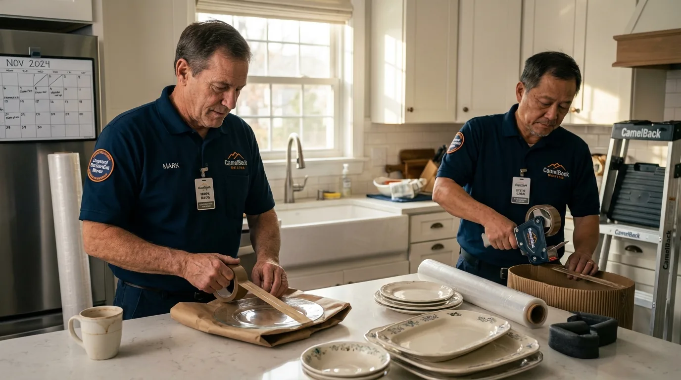 Professional crew packing kitchen dishware in Easton, CT